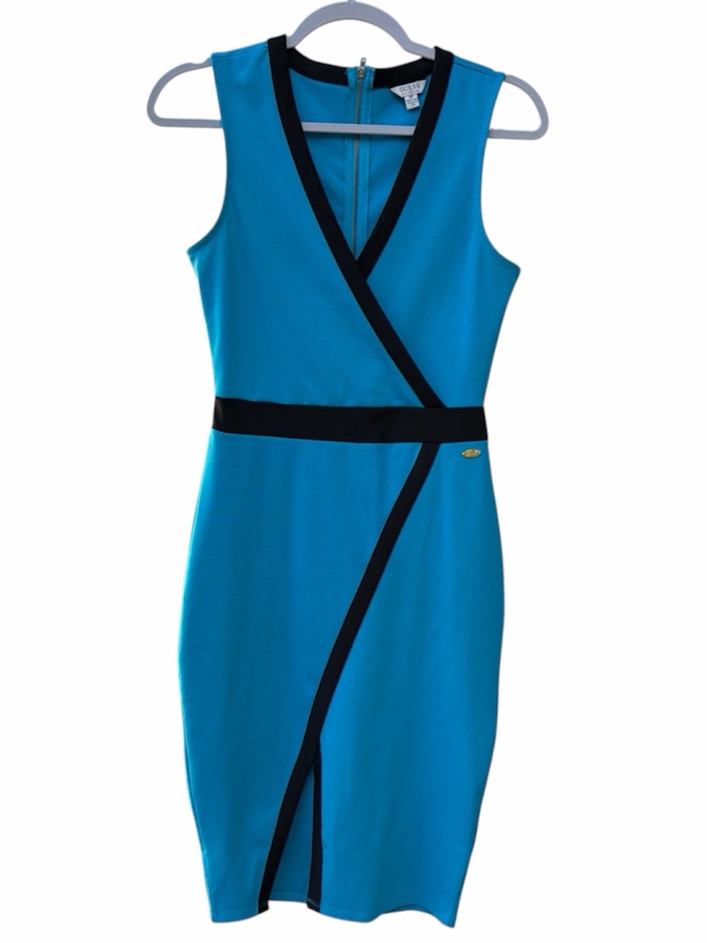 Guess V-neck Bodycon High Tide Blue/blk Trim Dress Women Size S